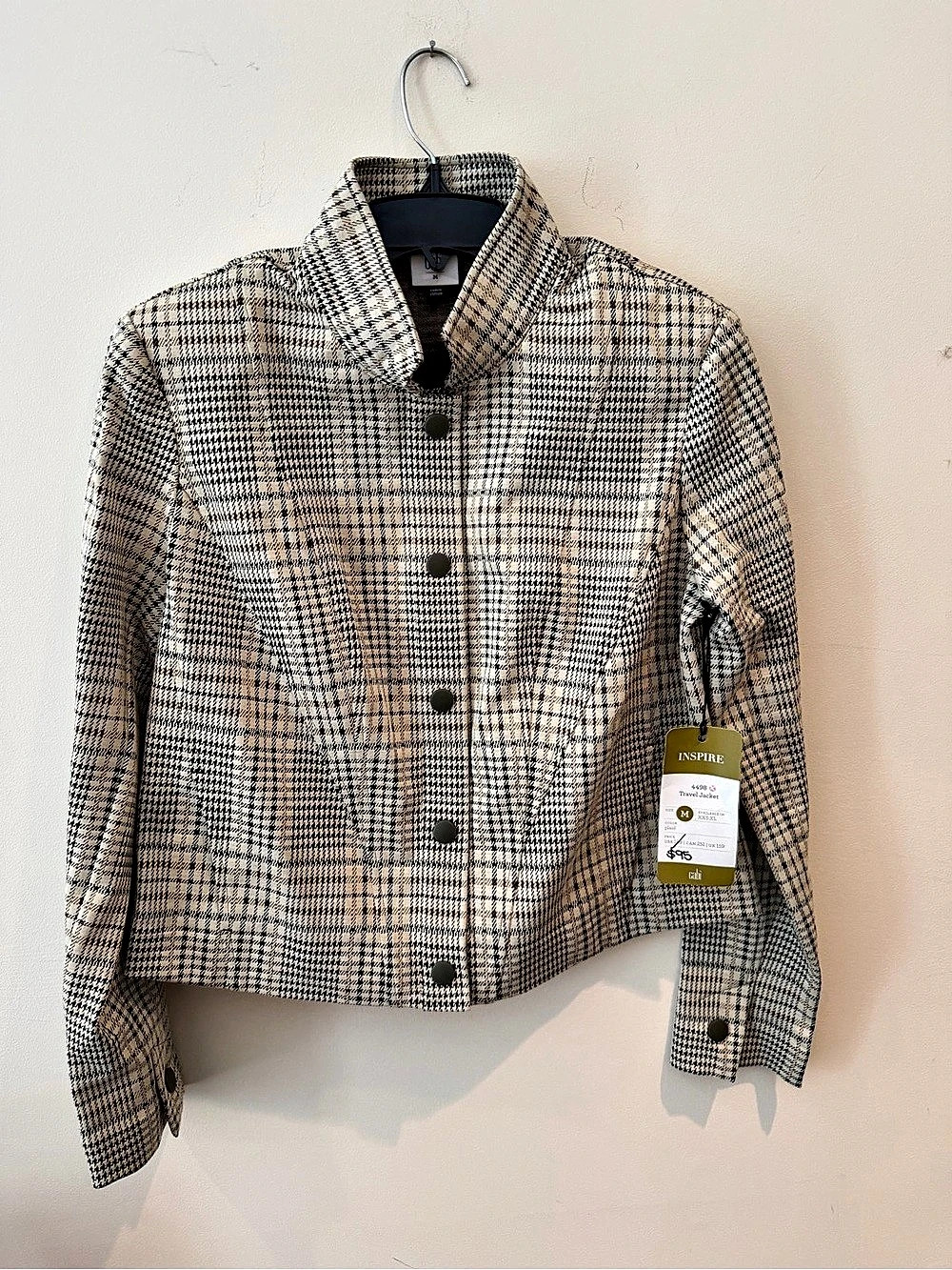 Cabi Travel Jacket Plaid in Beige & Black Size Medium NWT